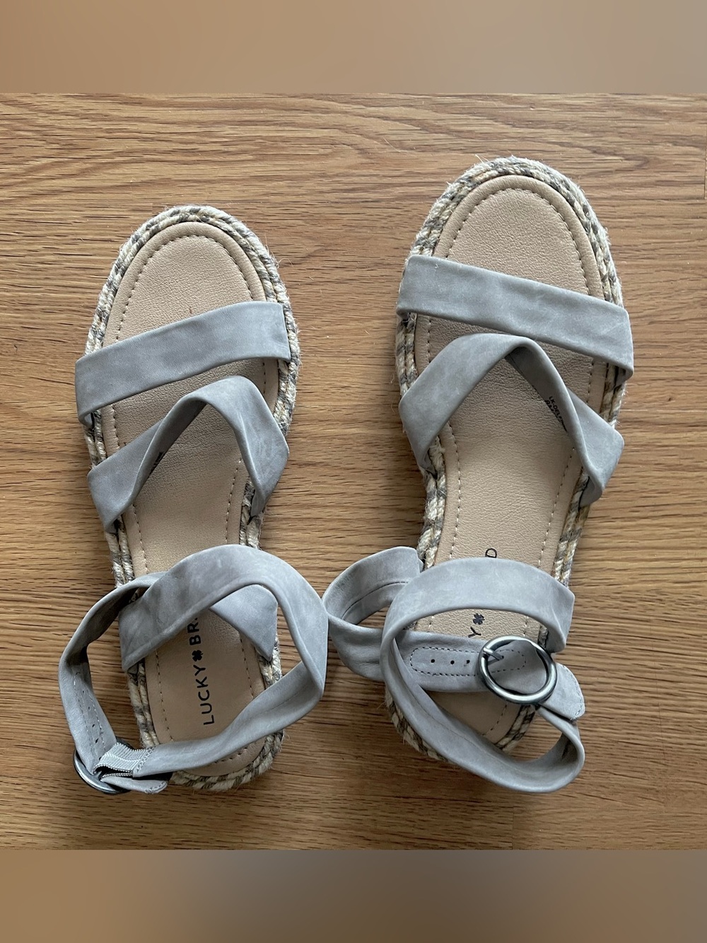 Lucky Brand Delfinne strappy sandals gray suede leather jute detail 8 M new 38.5